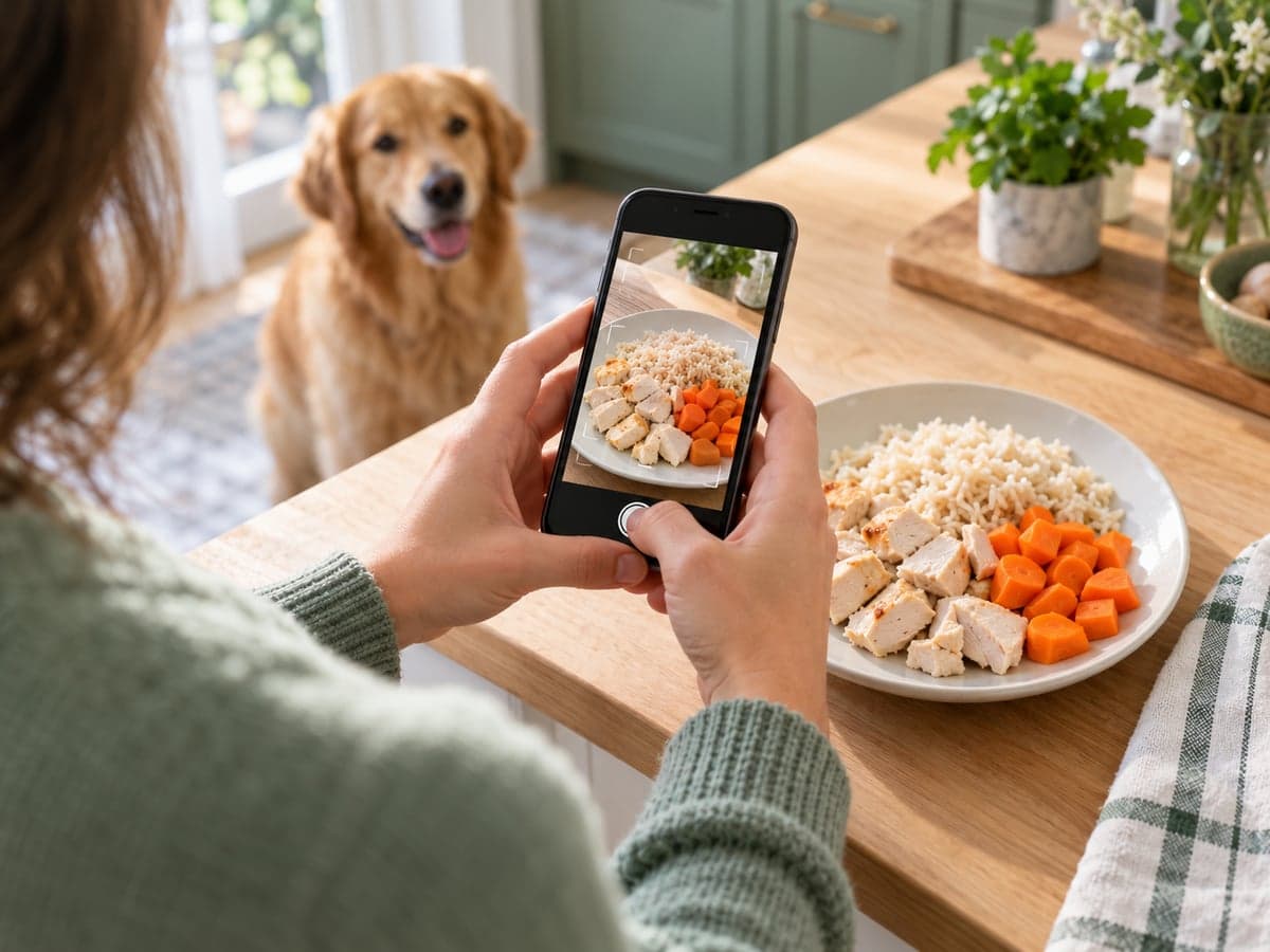 A pet owner using their phone camera to scan food on a kitchen counter
