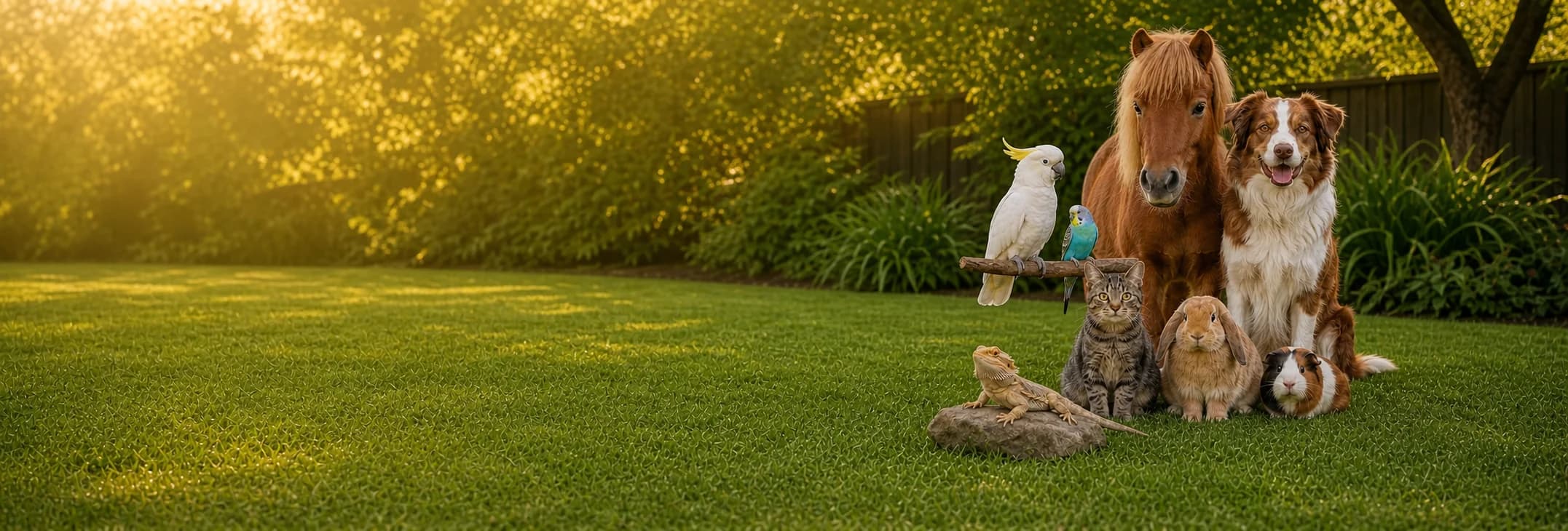 A horse, dog, cat, rabbit, guinea pig, bearded dragon, cockatoo and budgie together in a garden