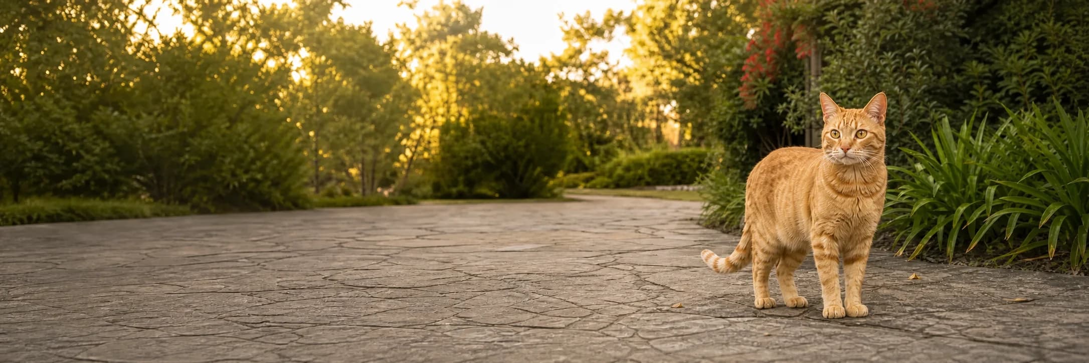 A ginger tabby cat standing with all four paws visible on a garden path